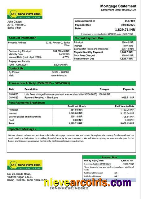 India Karur Vysya Bank mortgage statement Word and PDF template